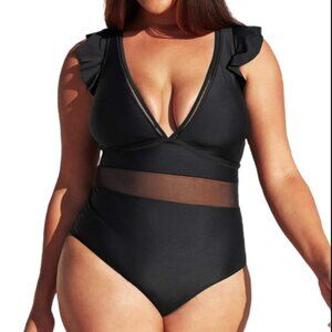 NEW / NWT Cupshe One Piece Plus Size Black V Neck Ruffle Mesh Bathing Suit